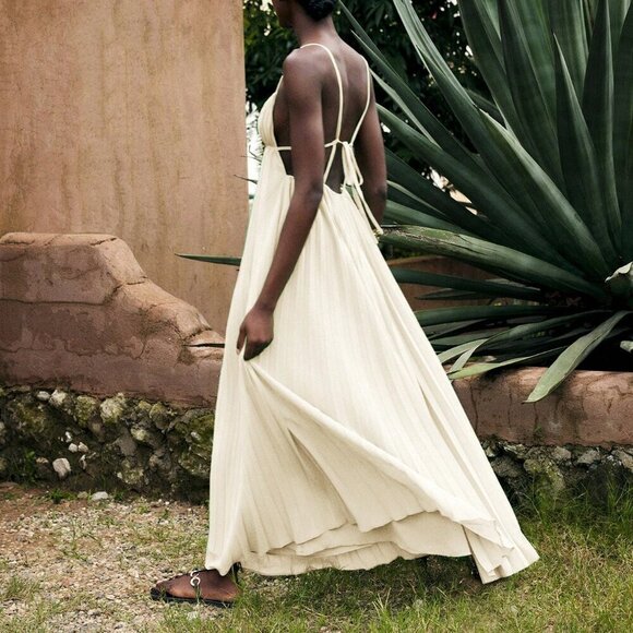 Beige Sexy Women's Loose Design Linen-Color Shirt Collar Pleated Midi Dress - Picture 7 of 9